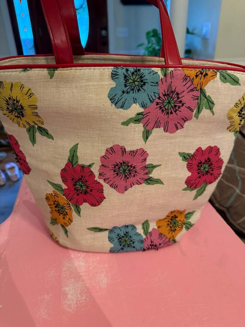 Bath & Body Works Floral Beaded Canvas Tote Bag with Red Leather Trim